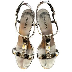 Prada 38 Patent Leather T-Strap Silver Studded crystals Accents Block Sandals